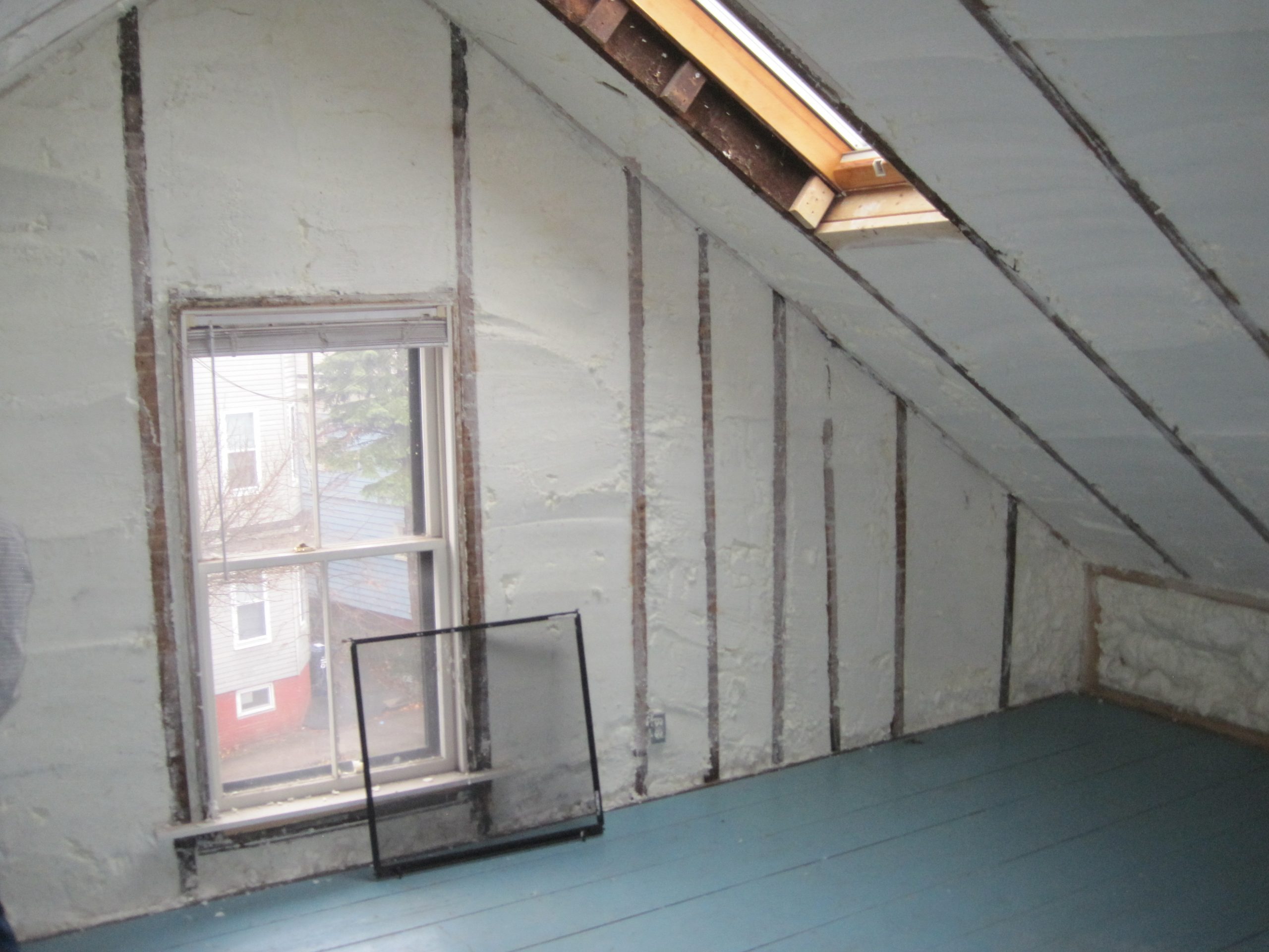 an attic with a window